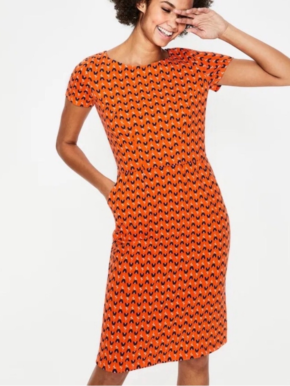 Boden Phoebe Popsicle Floral Jersey Knit Dress 10P‎ Orange Tulip Pockets Cotton